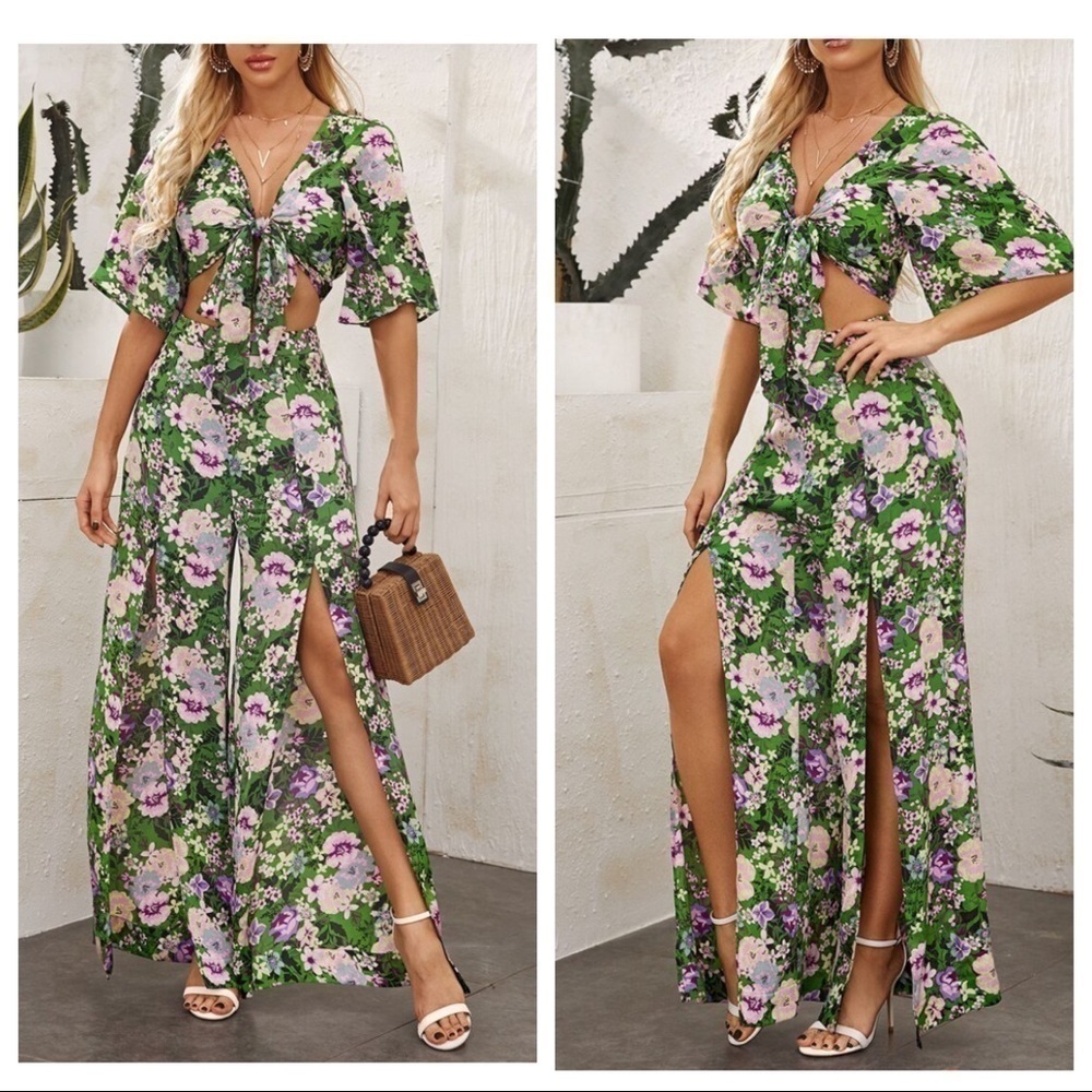 Shein 2PC Satin Floral Crop Top & Split Leg Pants Size 4XL